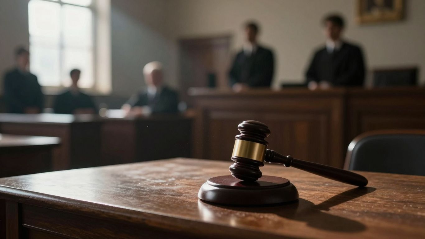 Courtroom gavel on desk with judge's bench in background.