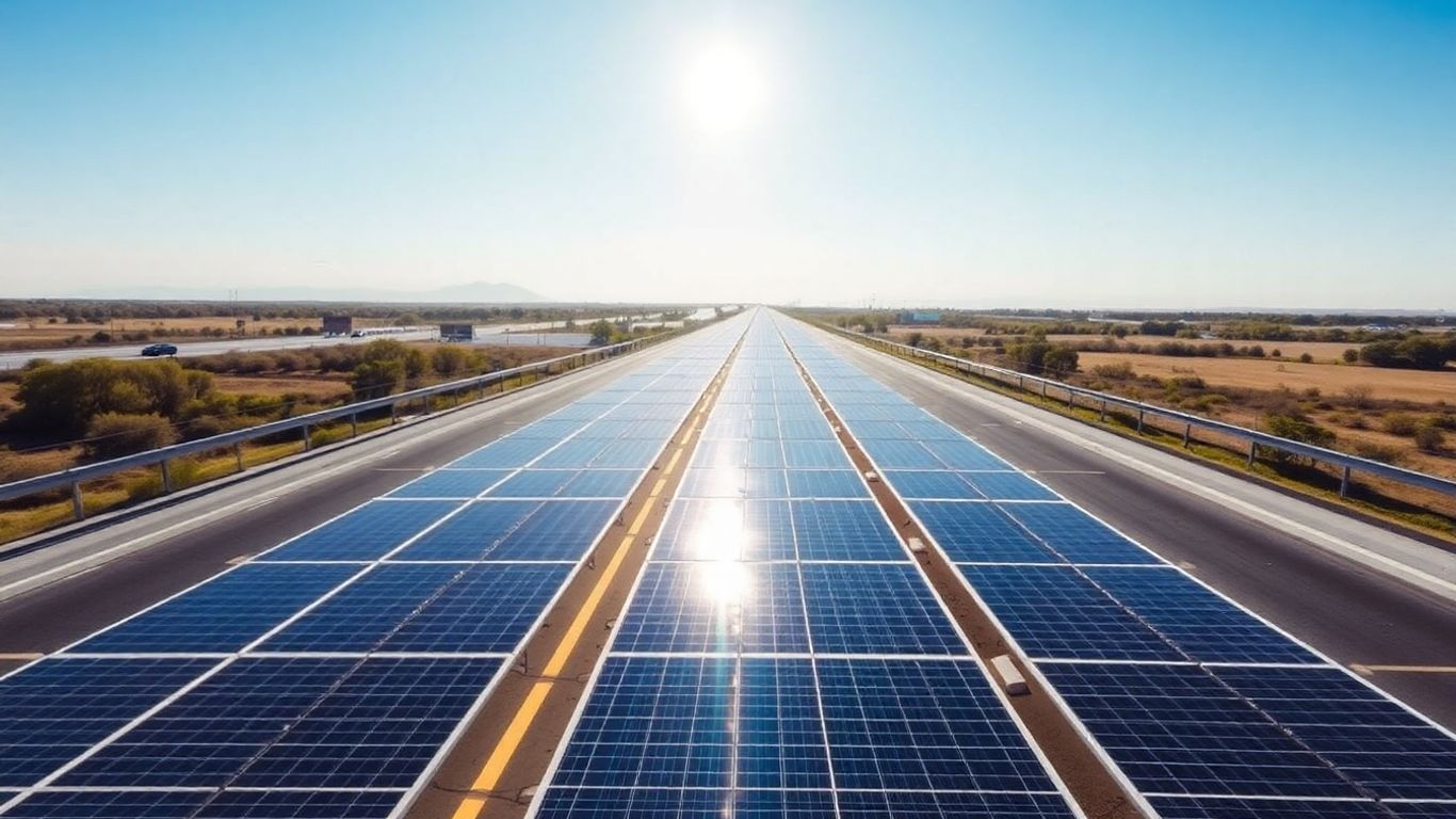 Panneaux solaires intégrés dans une route sous le soleil.