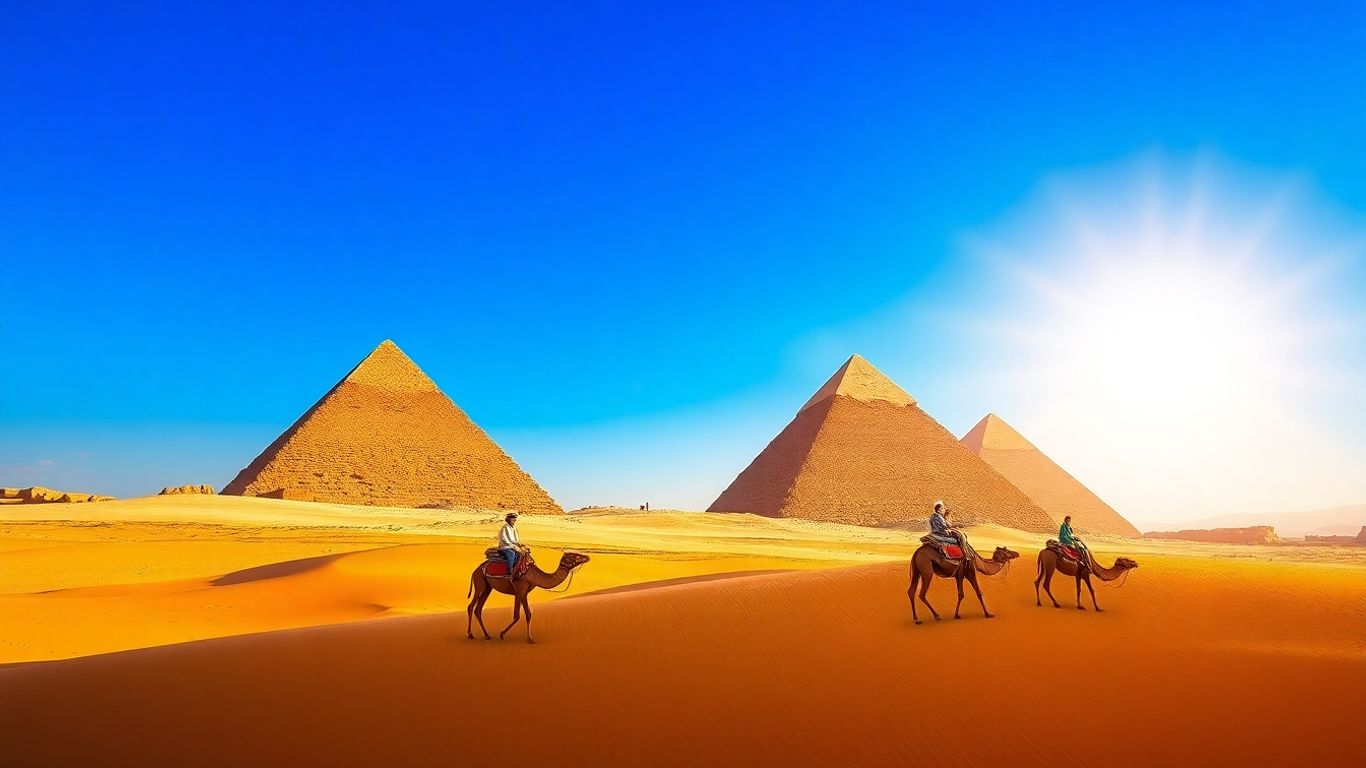 Pyramids of Giza with camels in the desert.