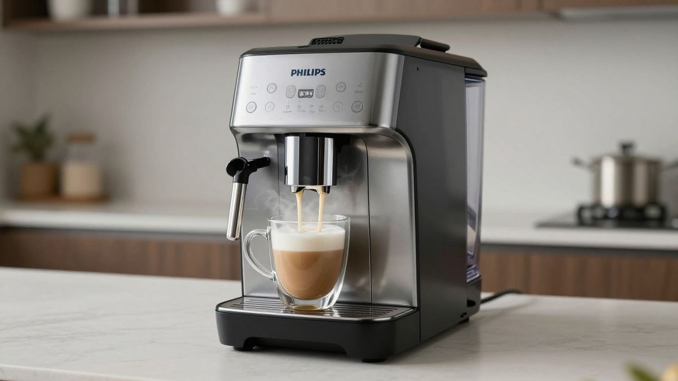 Machine à café Philips Series 3200 LatteGo préparant un latte.