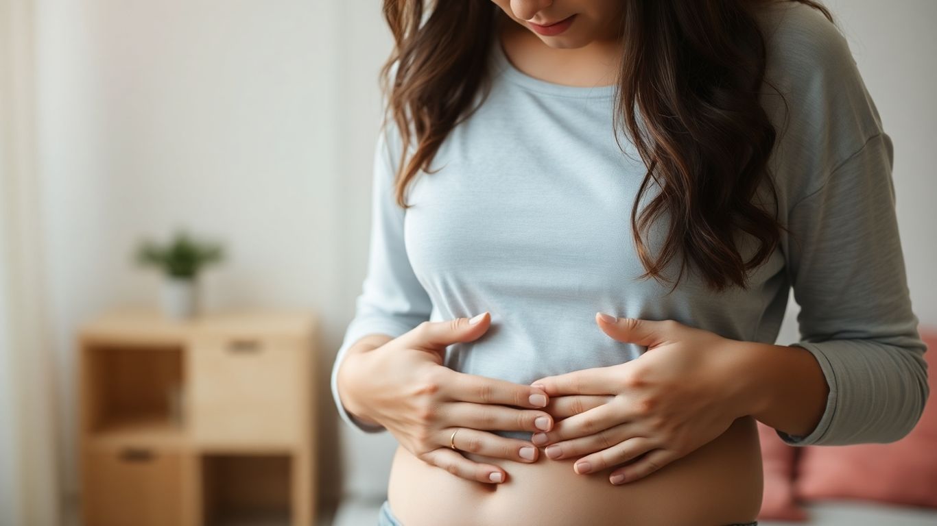 Mulher tocando o abdômen com expressão pensativa.