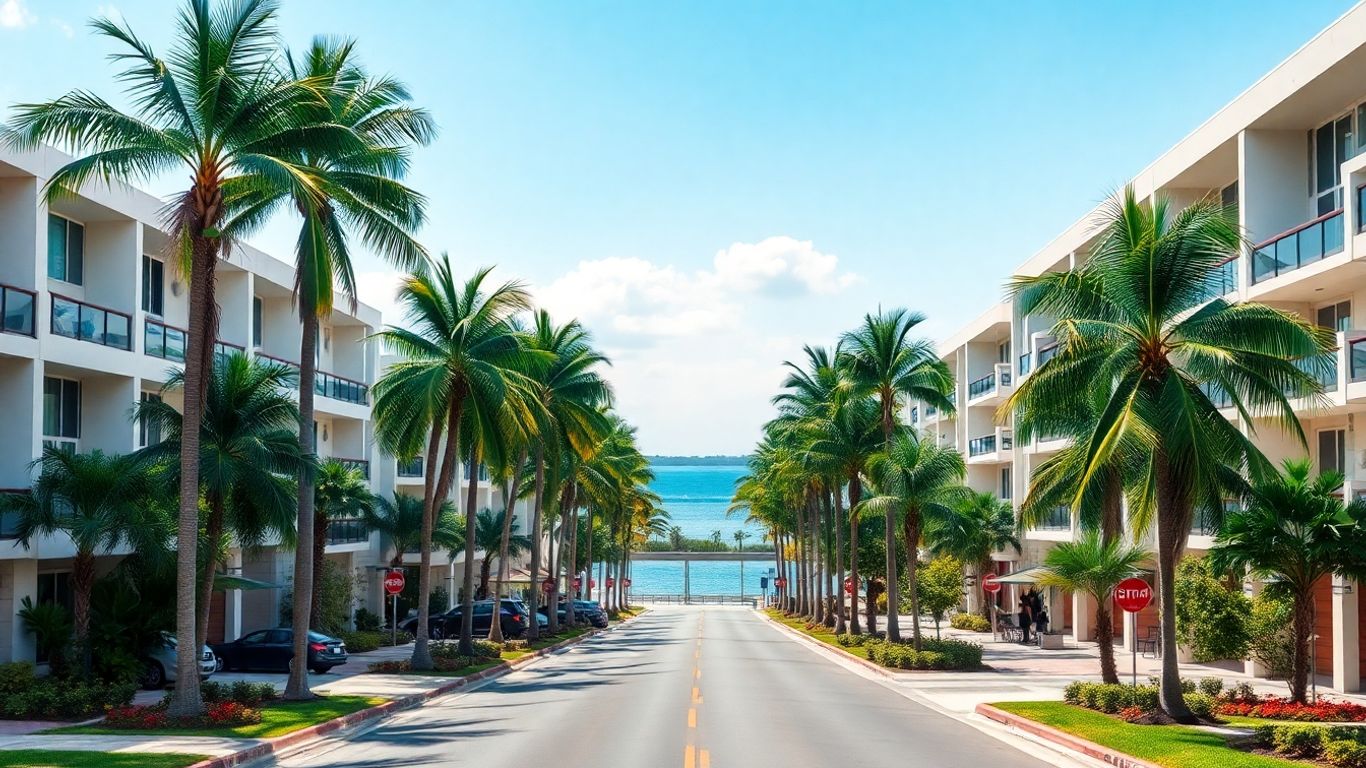 Aventura, Florida street with palm trees and modern buildings.