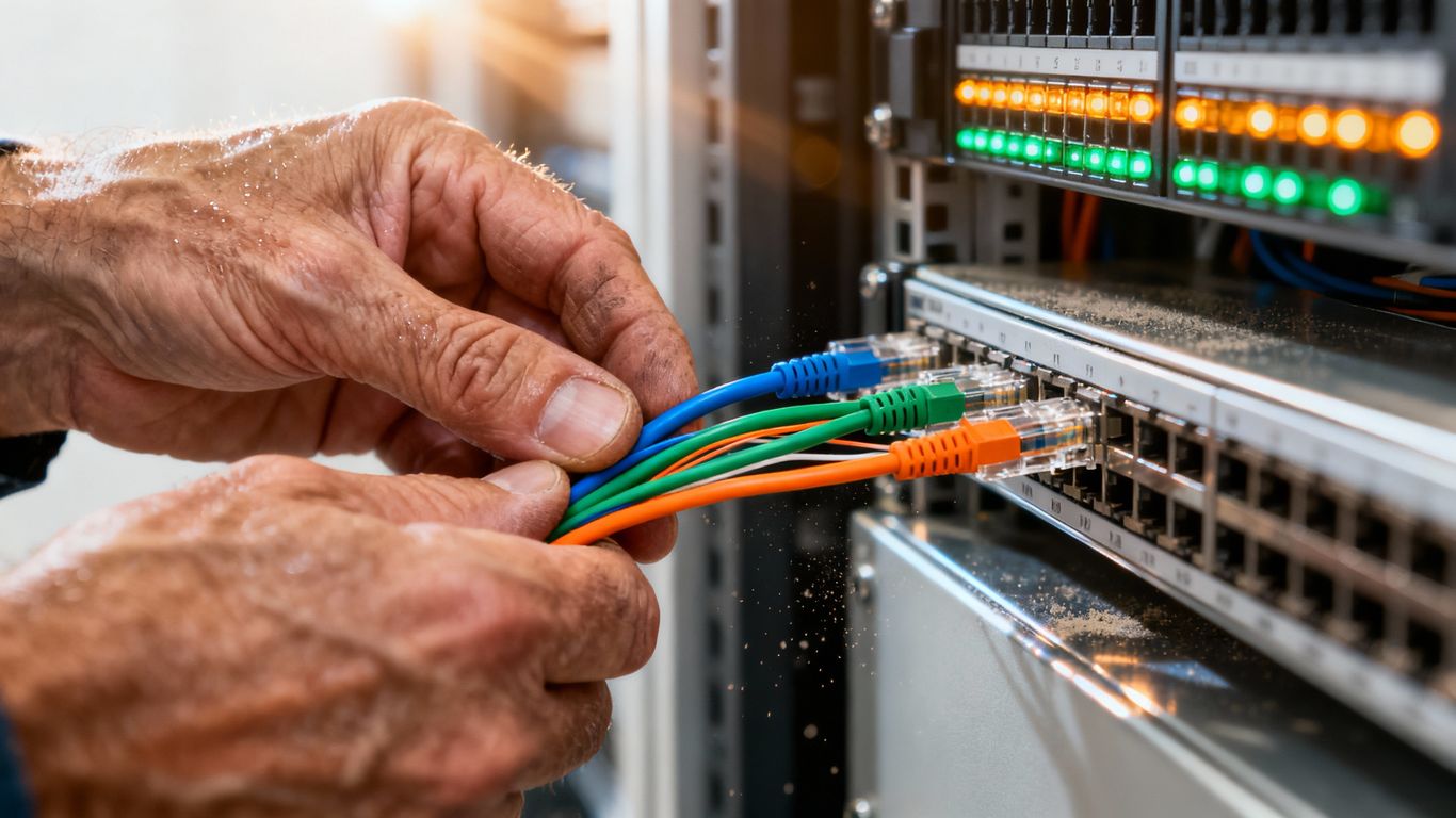 Technician connecting network cables in a server room.