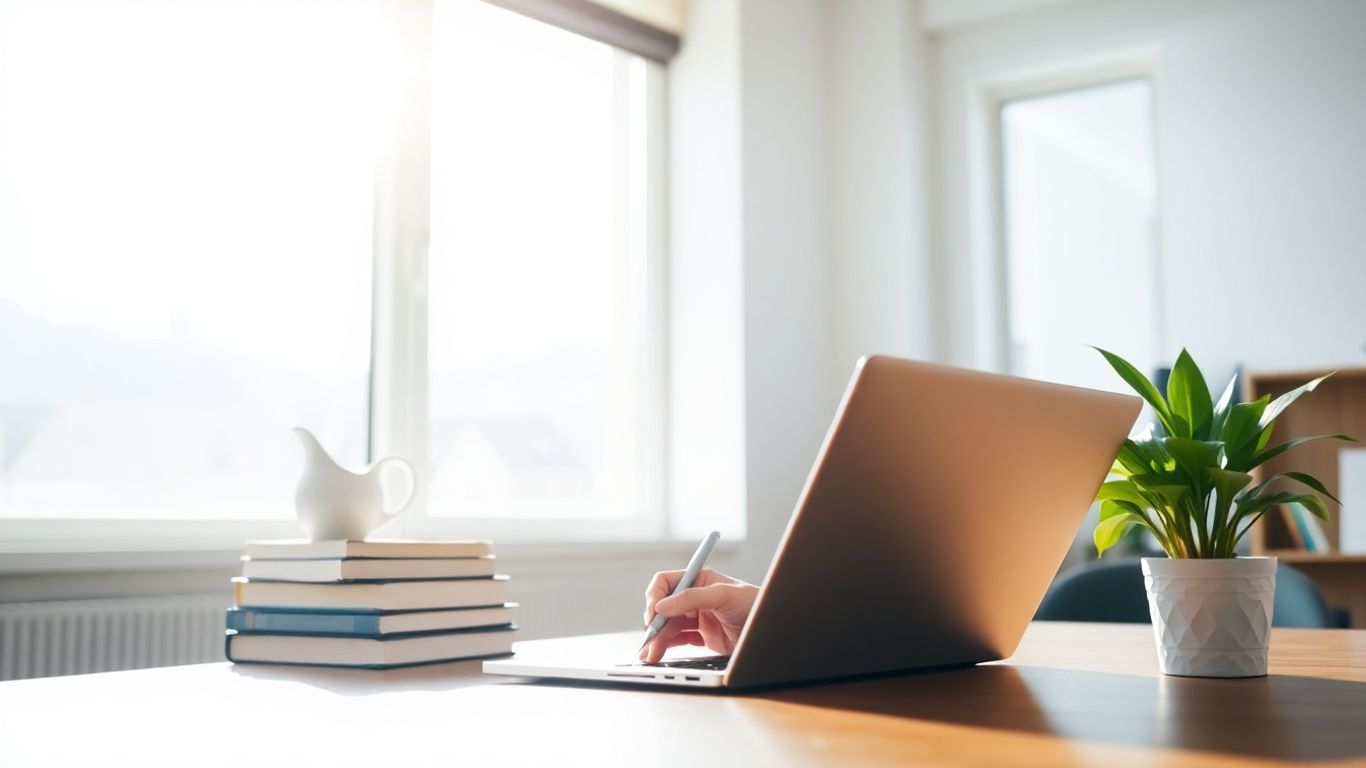 Person writing on laptop, building authority.
