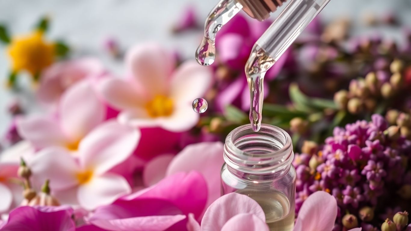 Perfume ingredients: flowers, herbs, and liquid in vials.