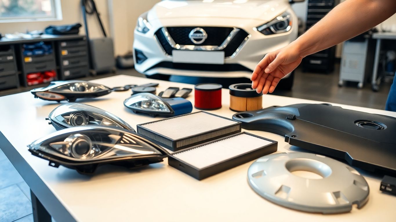 People comparing Nissan car parts on a workbench