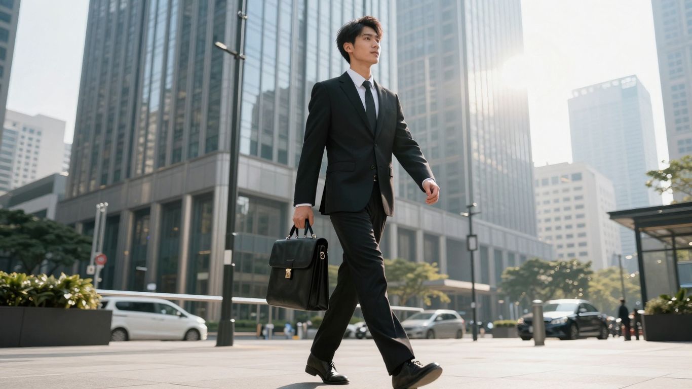 Person in suit walking in financial district