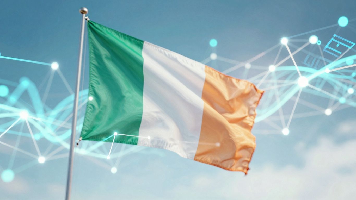 Irish flag merging with digital network, AI and SEO concept.
