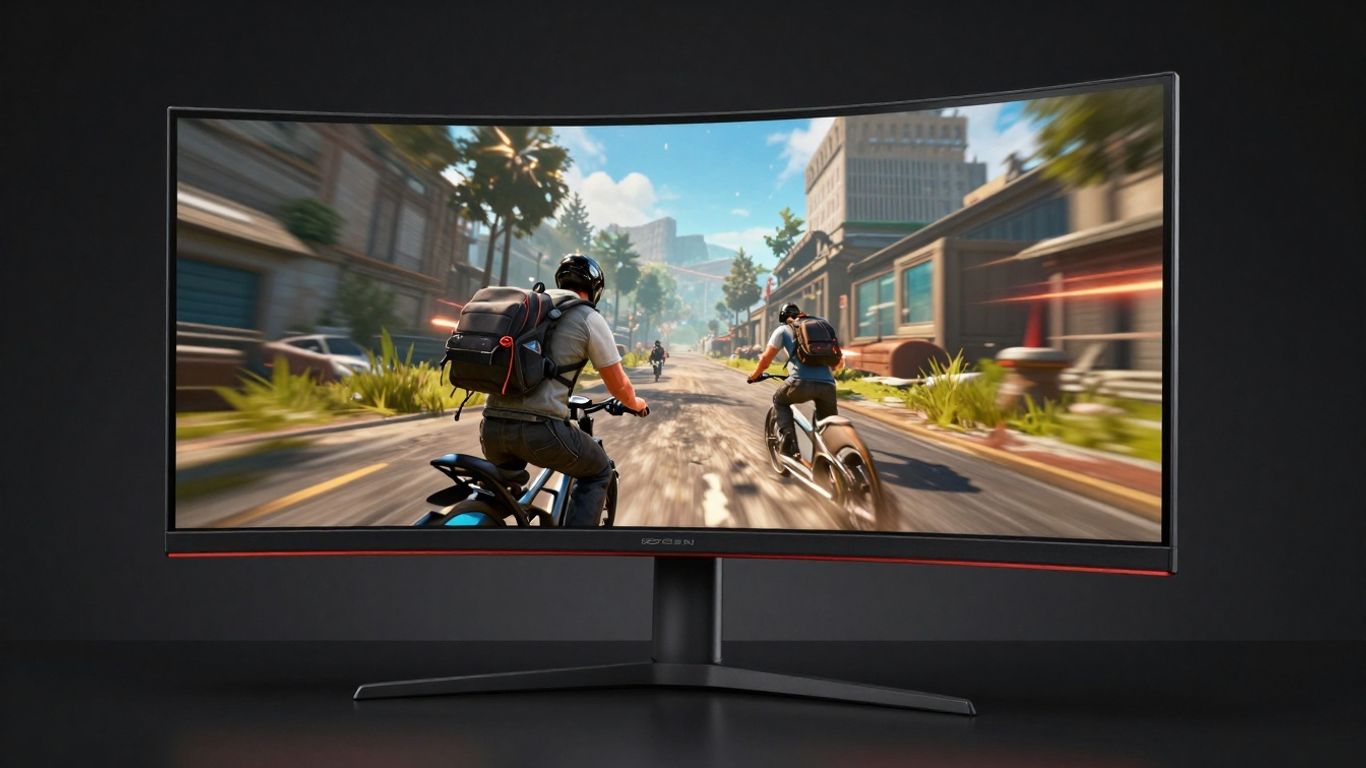 Ultrawide gaming monitor displaying a vibrant video game.