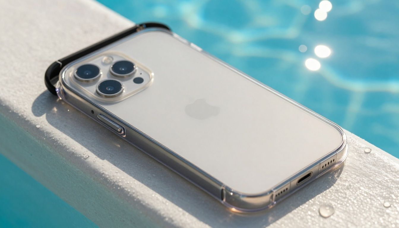 Close-up of a neutral smartphone inside a clear waterproof case, placed next to a pool, sunlight reflecting on water