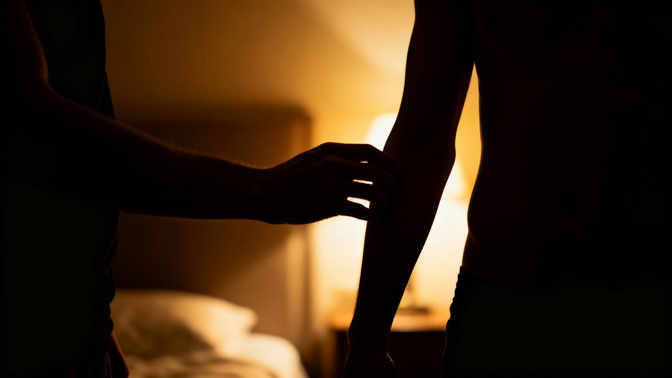 Couple exploring intimacy with care and trust.