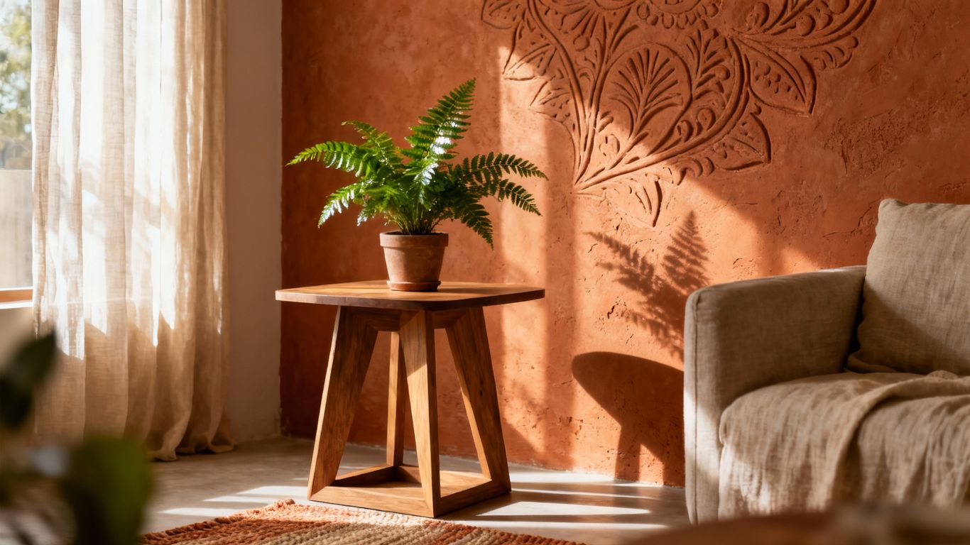 Textured wall in a small, sunlit living space.
