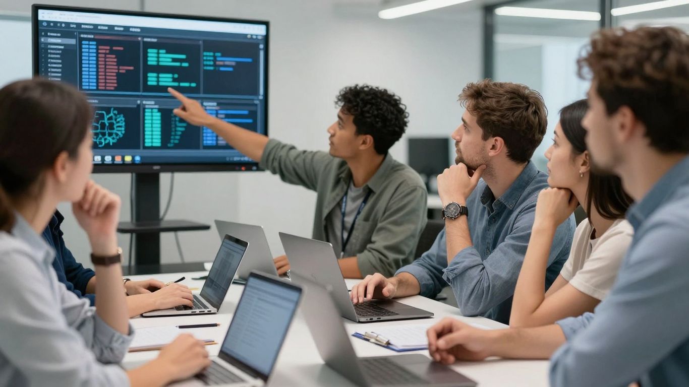 Team learning about cybersecurity awareness in a modern office.