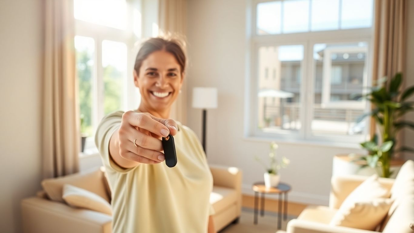 Persona feliz con llaves en sala de estar moderna.