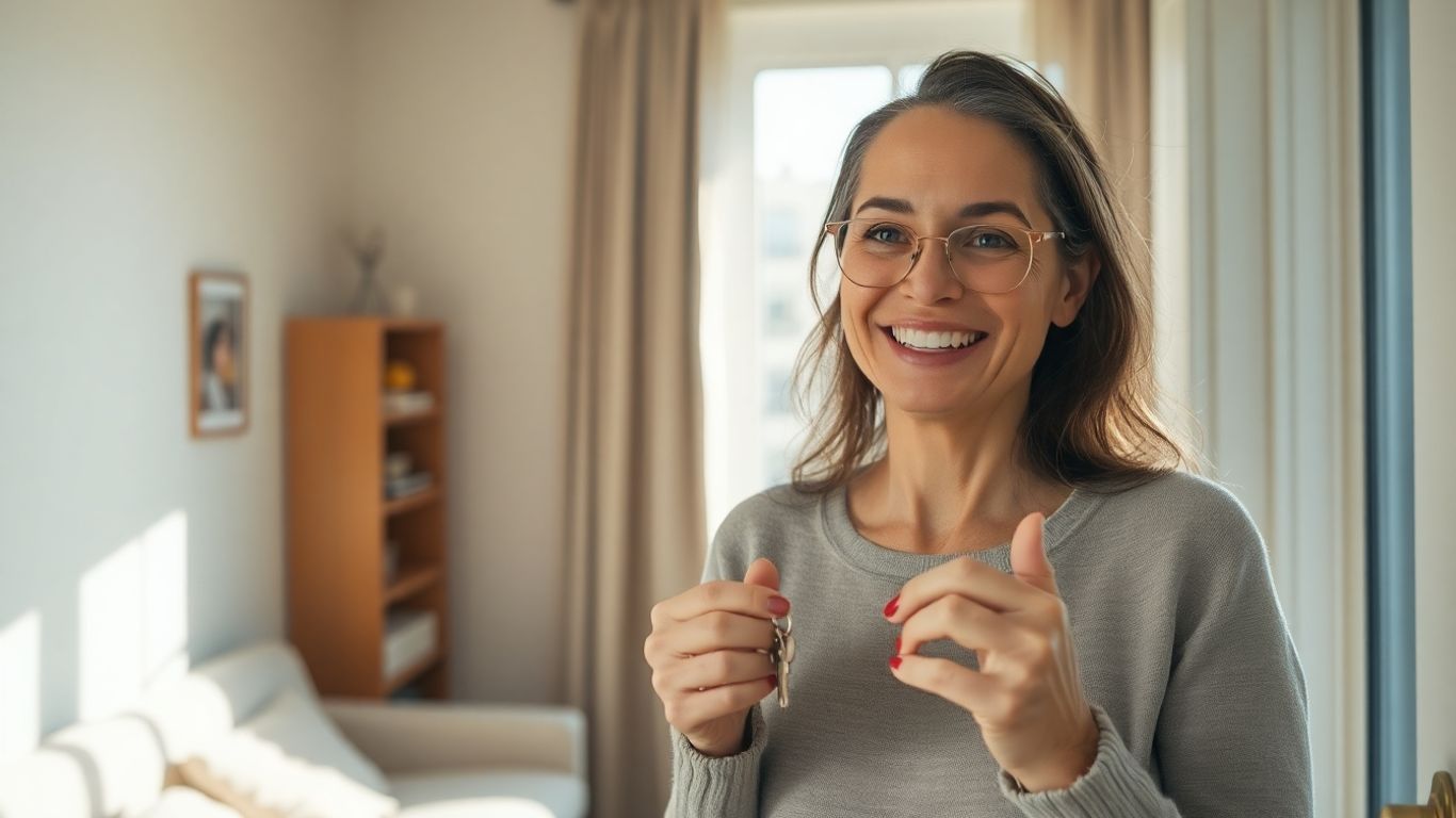 Persona sonriendo con llaves frente a una casa.
