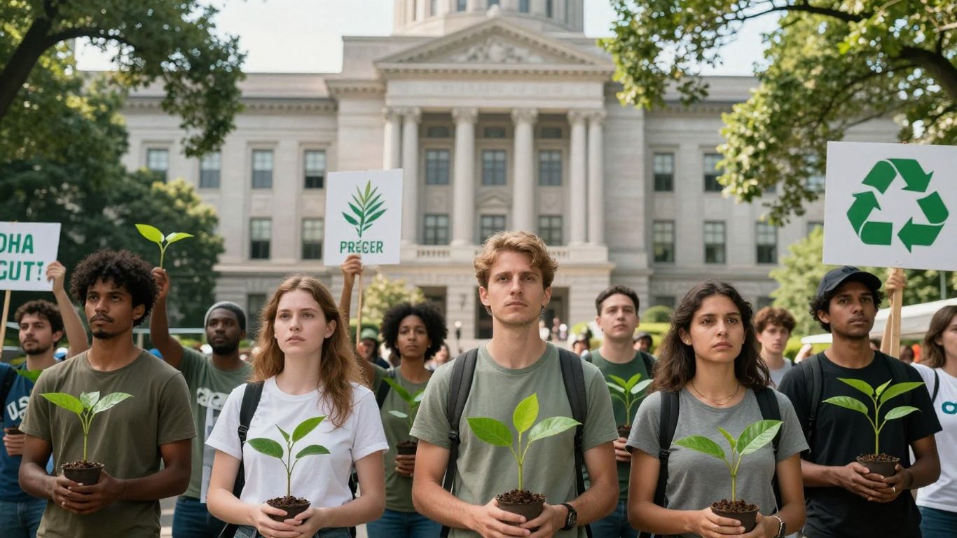 Oameni protestând pentru protecția mediului în fața unei clădiri guvernamentale.