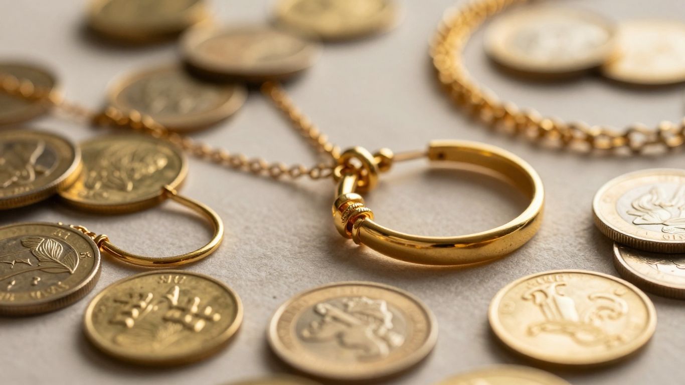 مجوهرات وعملات ذهبية لامعة على خلفية ناعمة.