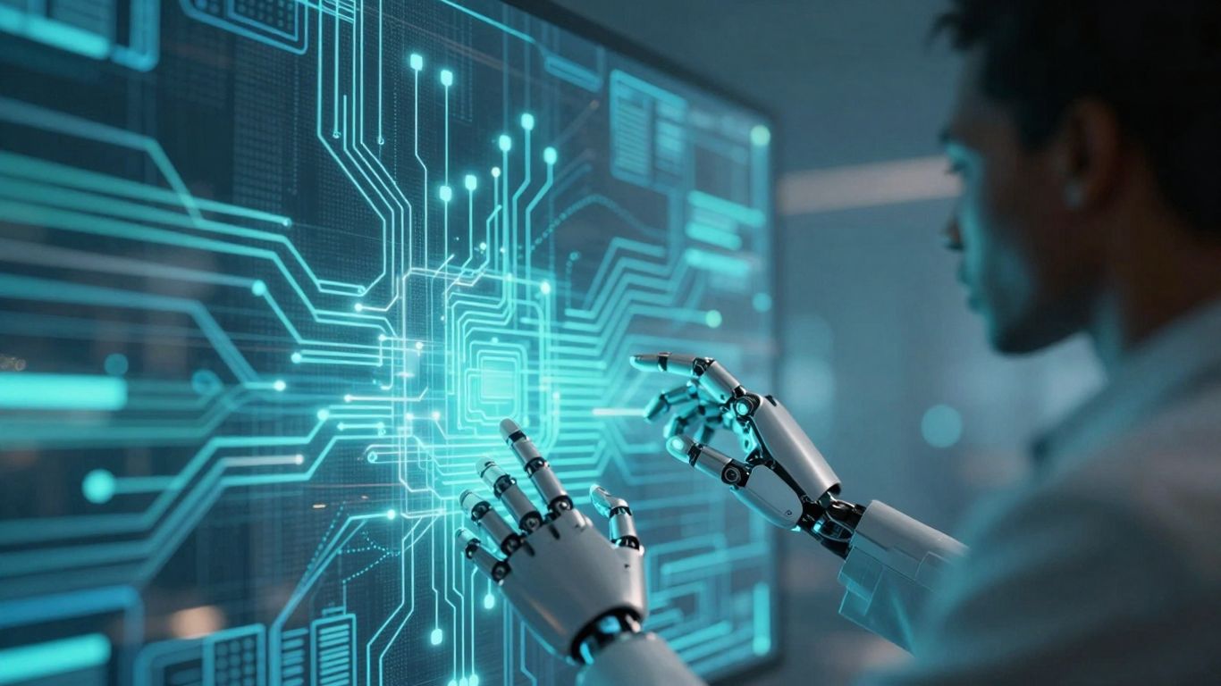 AI and human hands interacting with digital data streams.