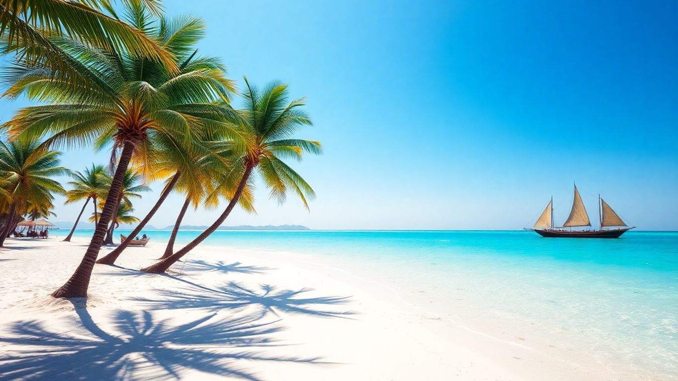Turquoise waters and white sand beach in Zanzibar, Tanzania.