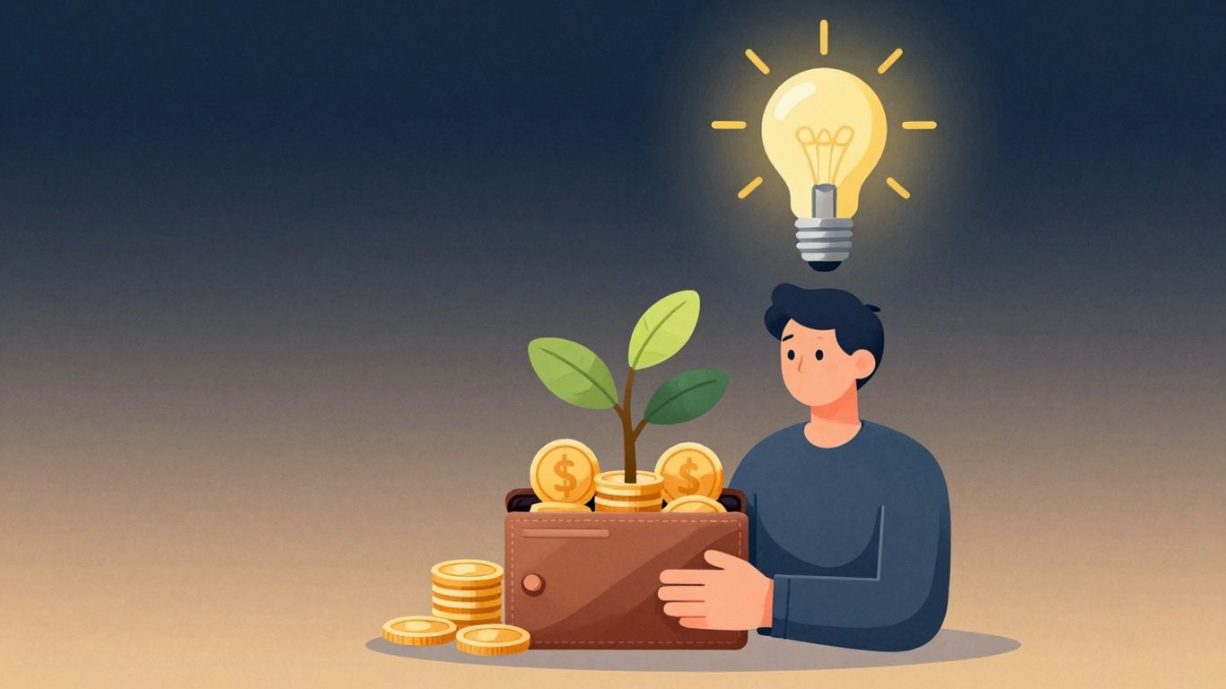 Ilustração de mente rica e bolso cheio com moedas e planta.