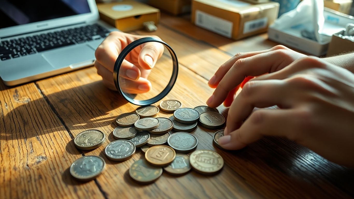 Person inspecting coins near laptop and packages