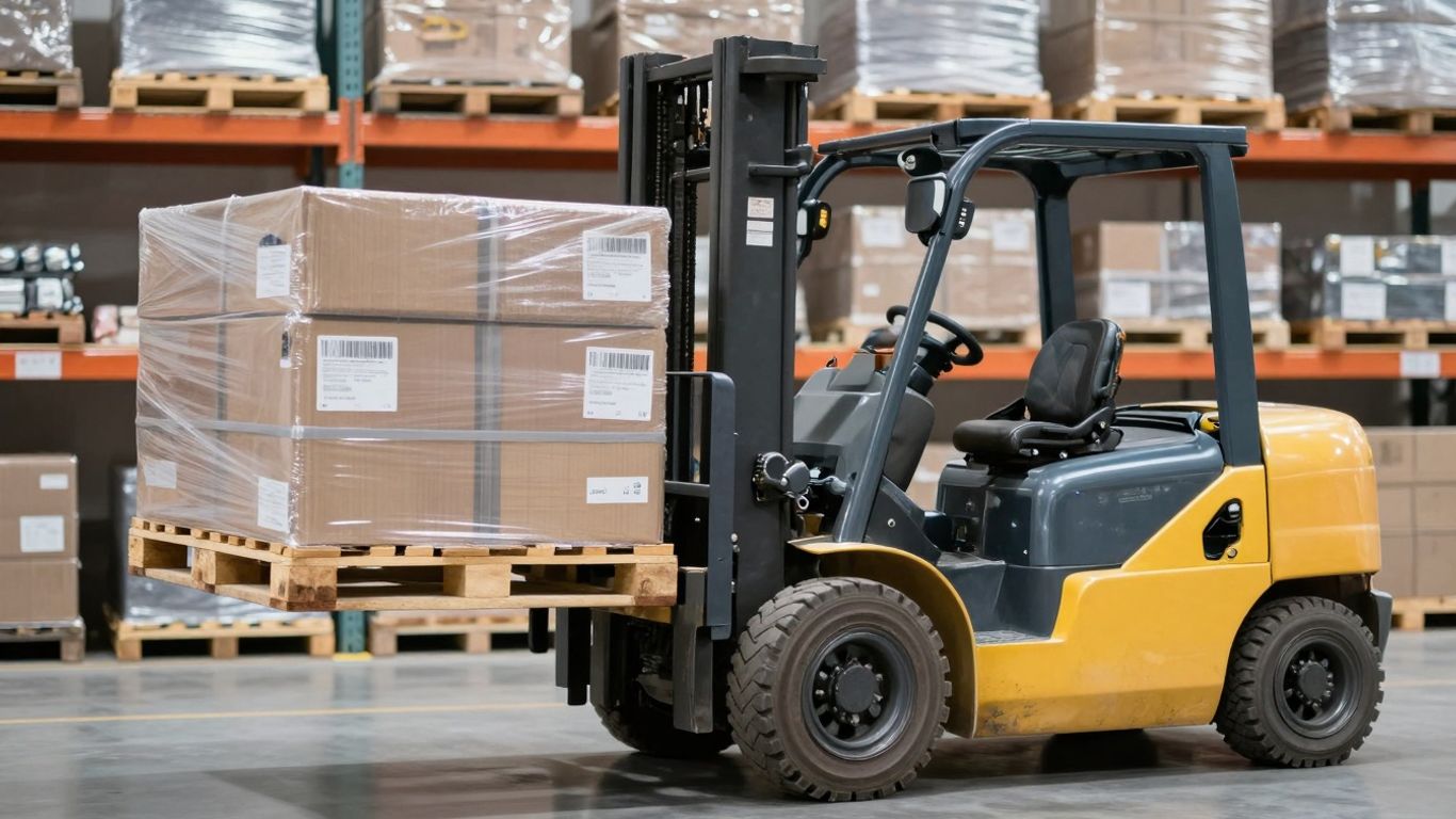 รถโฟล์คลิฟท์กำลังยกสินค้าในคลังสินค้า