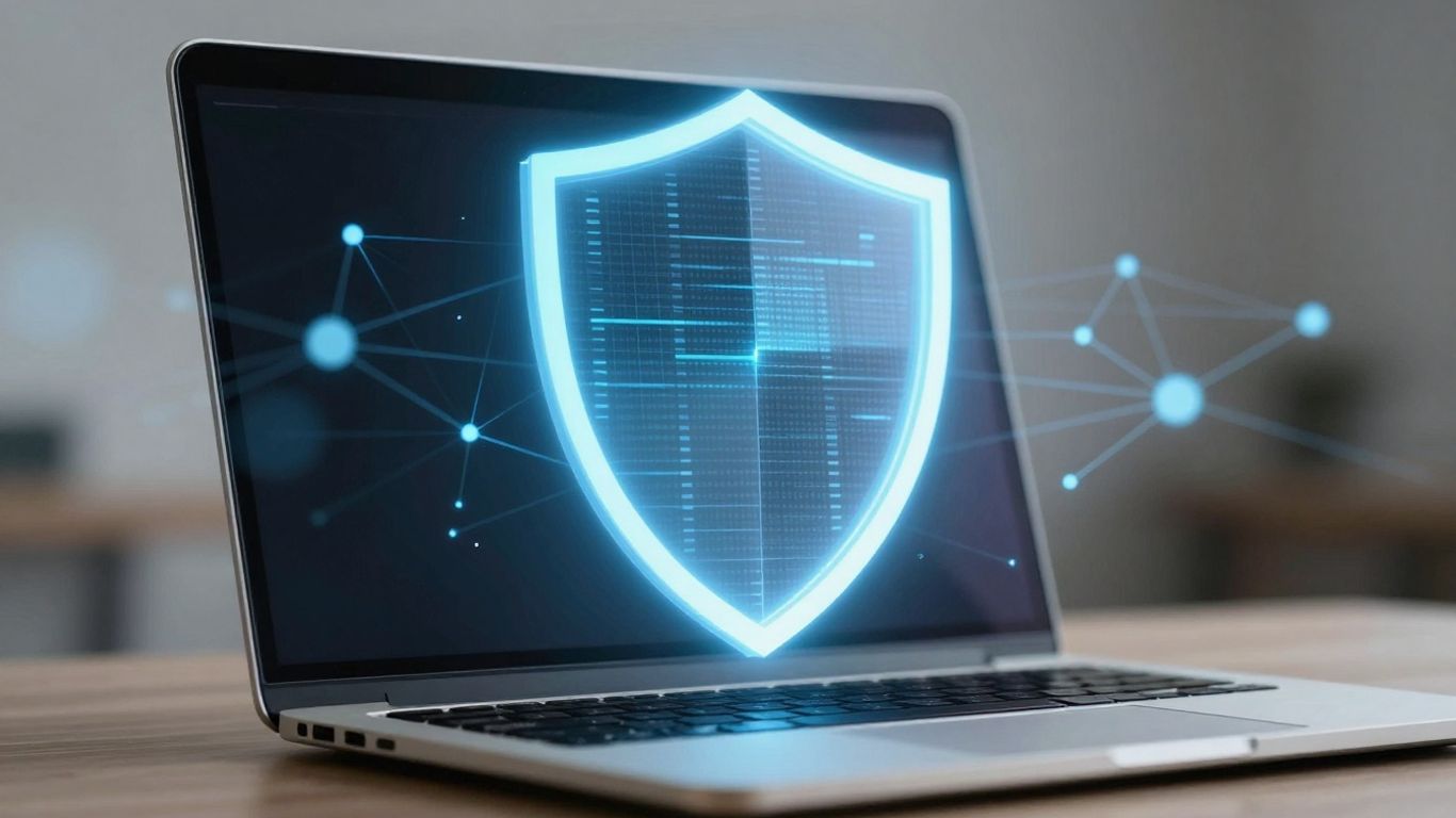 Laptop with digital shield protecting network.