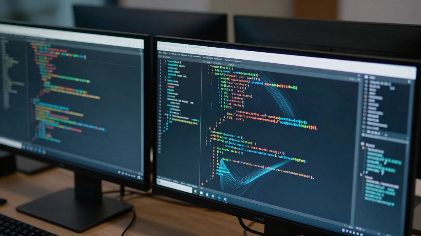 Multiple computer screens showing code and digital patterns.