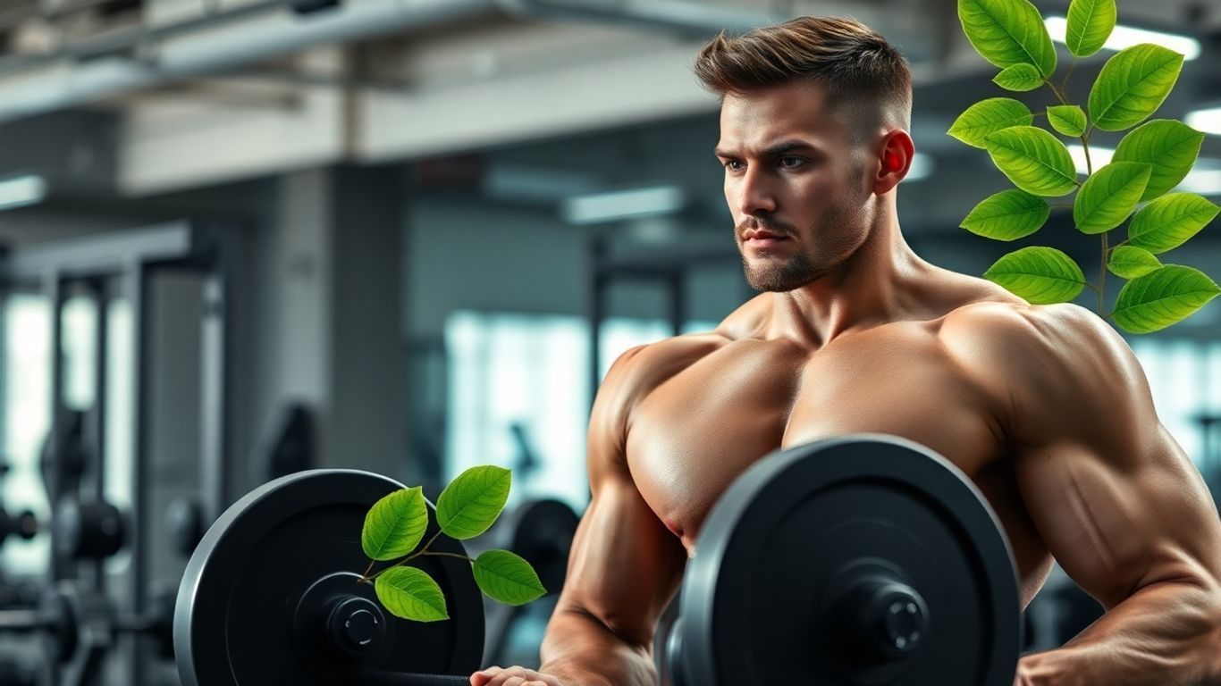 Homme musclé soulevant des poids avec des feuilles d'ashwagandha.