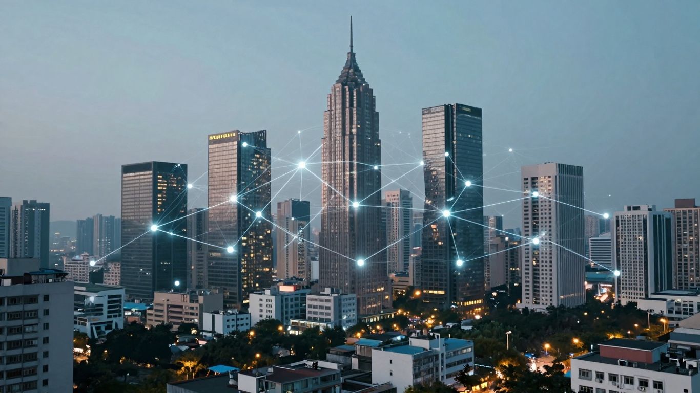 Blockchain network connecting futuristic city and devices.