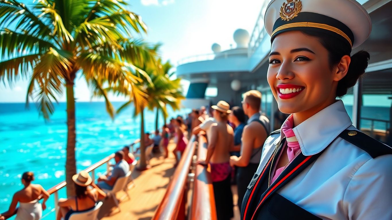 Cruise ship deck with happy crew and passengers