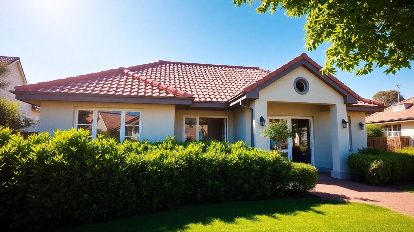 Casa moderna con jardín y cielo azul.