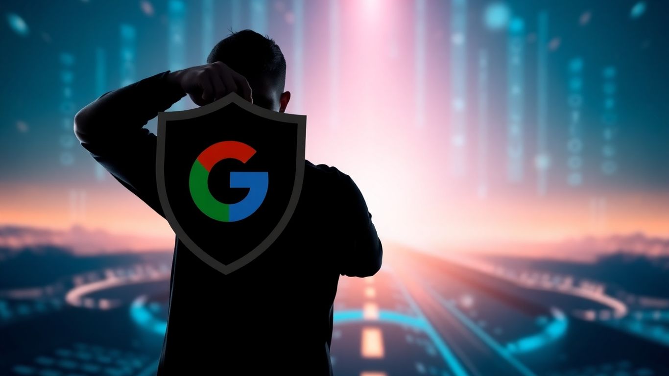 Personne se protégeant avec un bouclier VPN des ombres de Google.