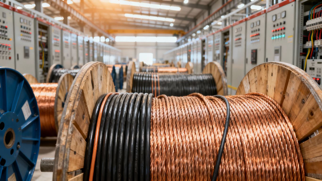 Modern warehouse with organized industrial electrical cables
