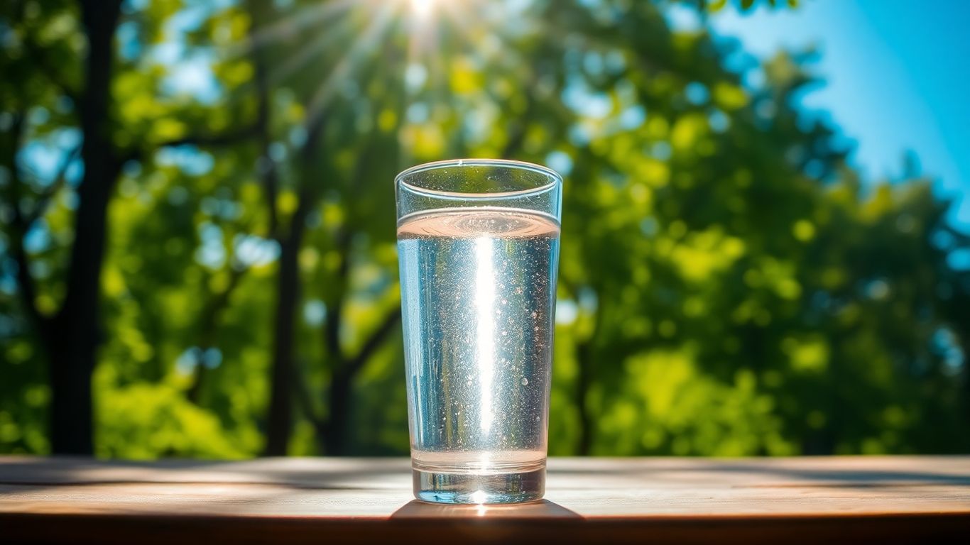 Clear water in a glass with nature background.