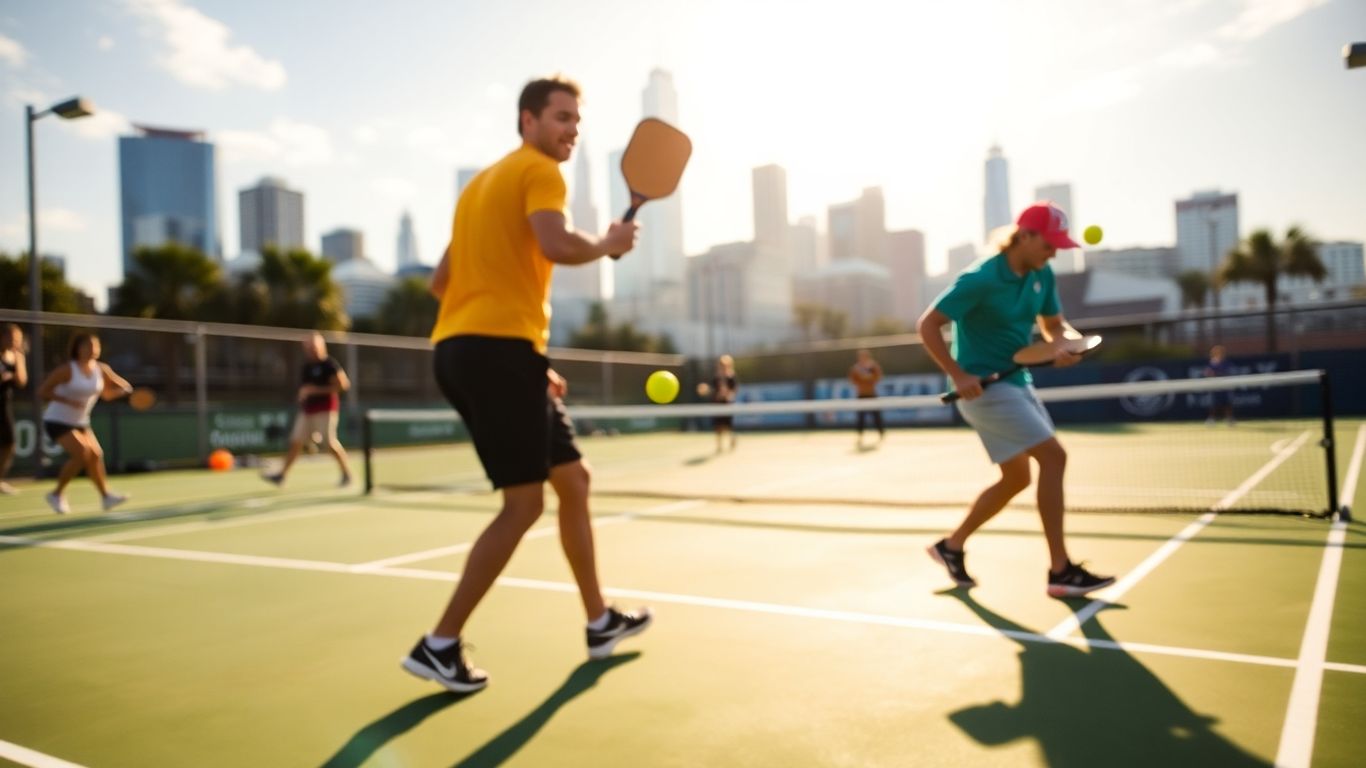 Pickleball players competing on a Houston court.
