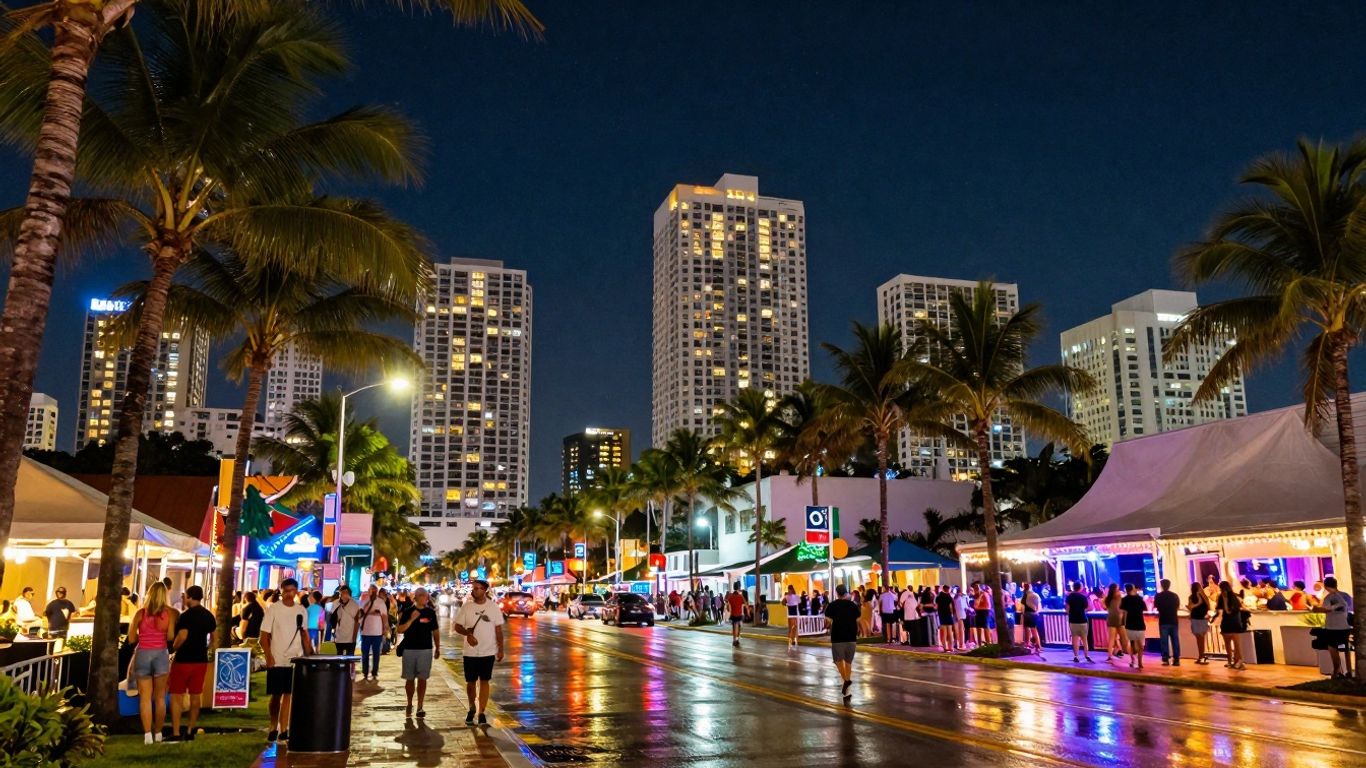 Miami cityscape at night with palm trees and crowds