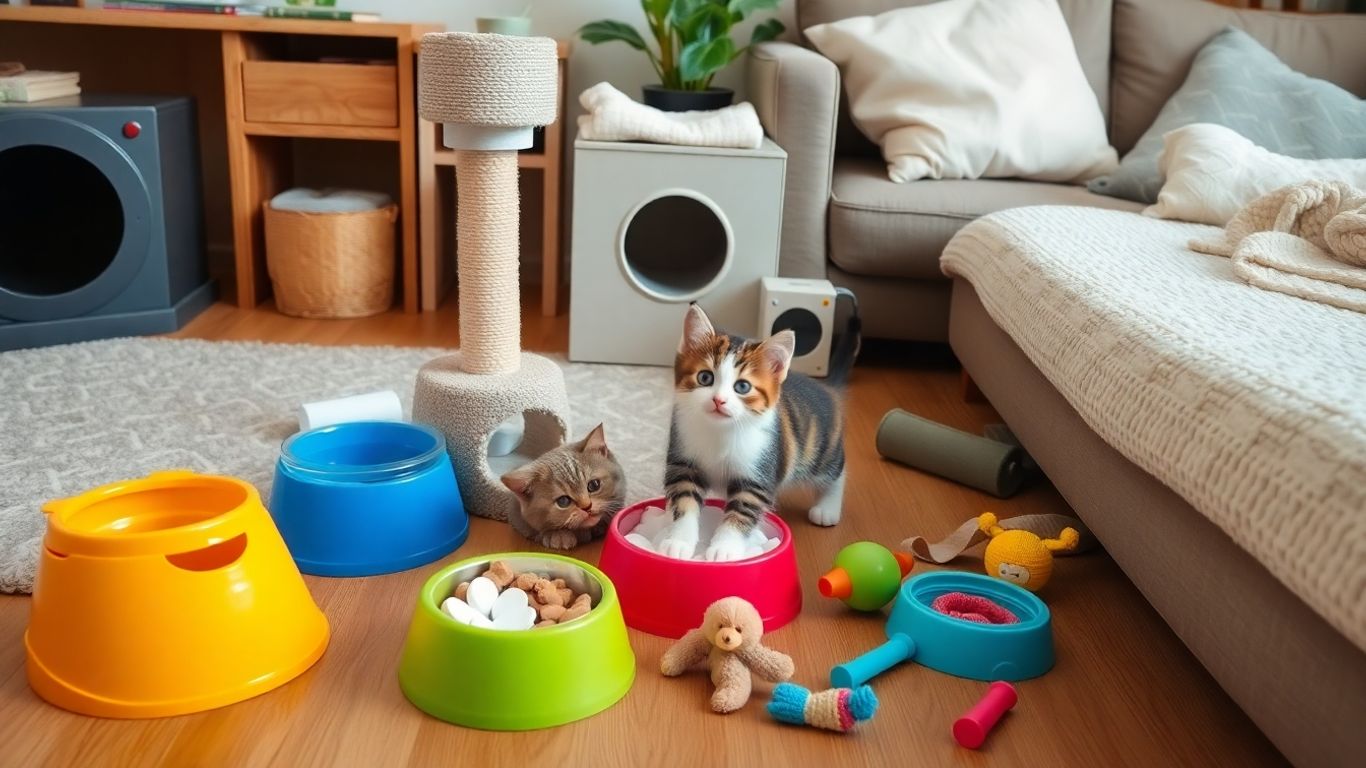 Kitten playing with essential cat supplies in a home.