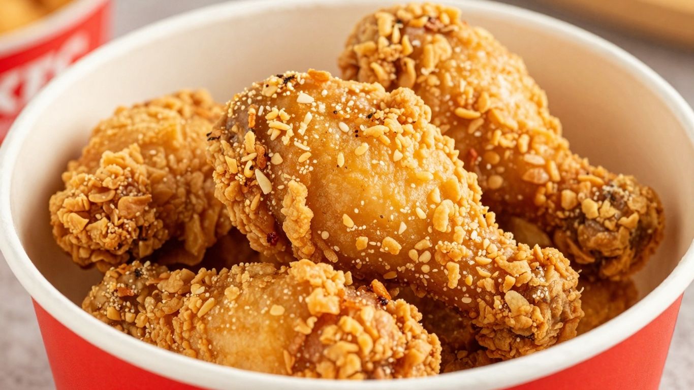 KFC fried chicken bucket with crispy golden pieces.