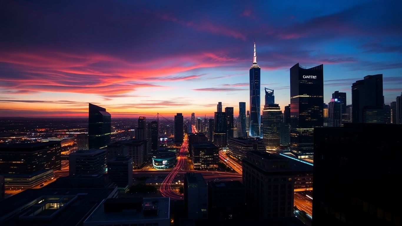 Modern cityscape with digital light trails, representing technology news.