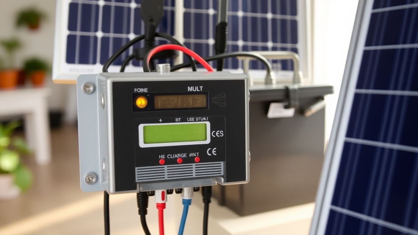 Régulateur de charge solaire connecté à des panneaux et batteries