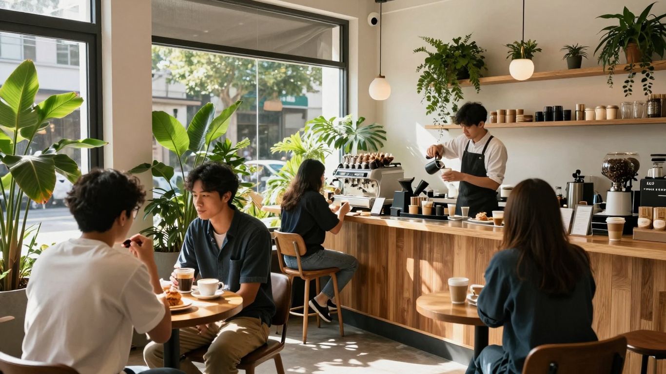 Cosy cafe interior with customers enjoying coffee and food.