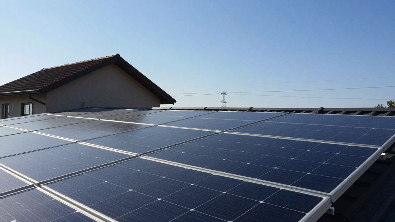 Paneles solares en un tejado con el sol.