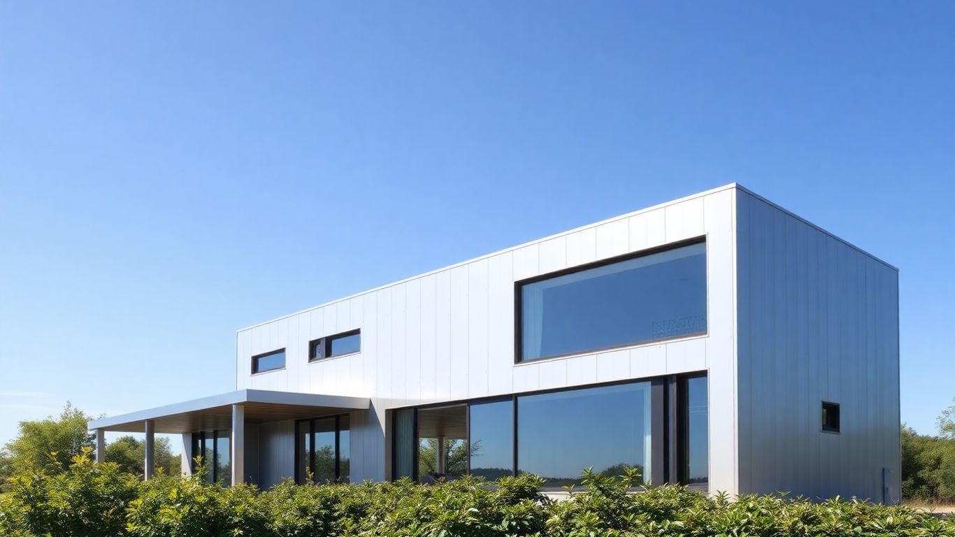 Casa prefabricada de acero moderna con grandes ventanales.