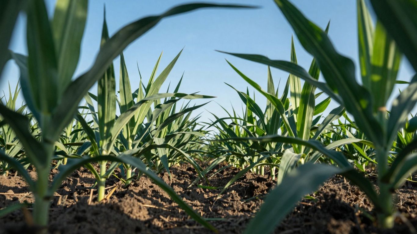 Câmp de culturi sănătoase, verzi, sub cer senin.