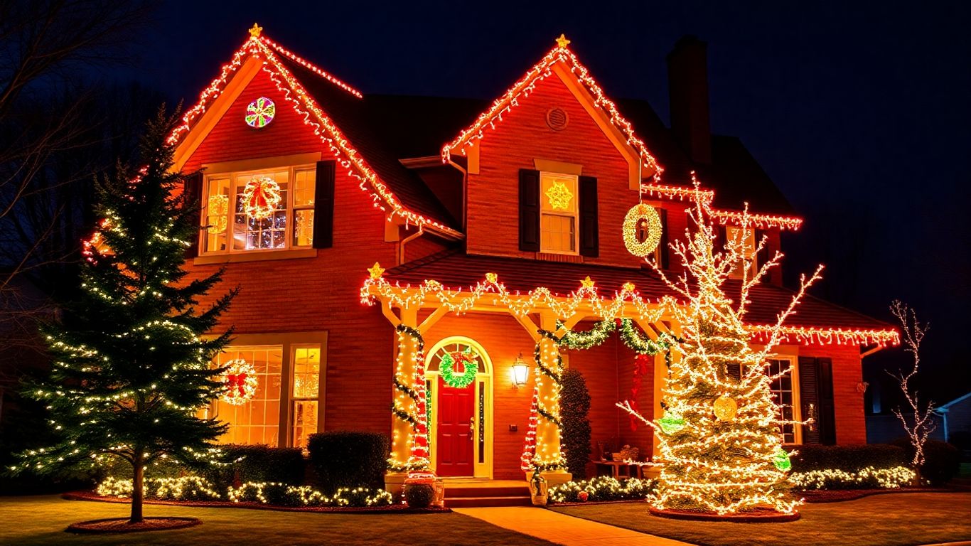 House decorated with professional Christmas lights at night.