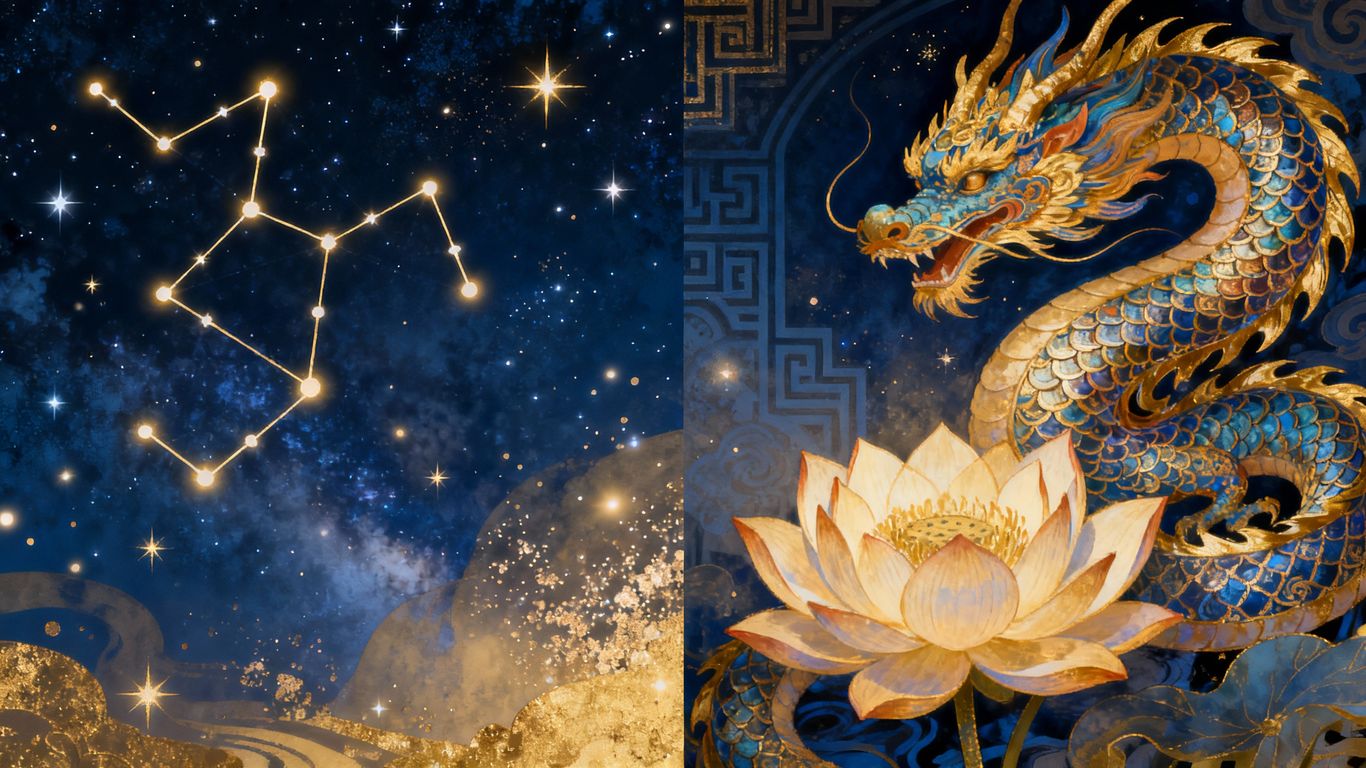 Astrology symbols from Western, Vedic, and Chinese cultures.