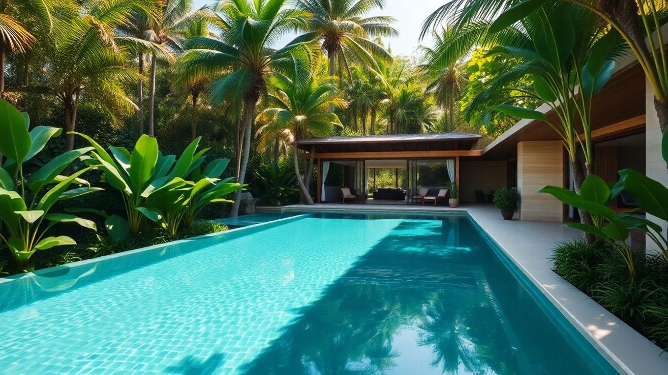 Eco-luxury villa with infinity pool and tropical gardens.