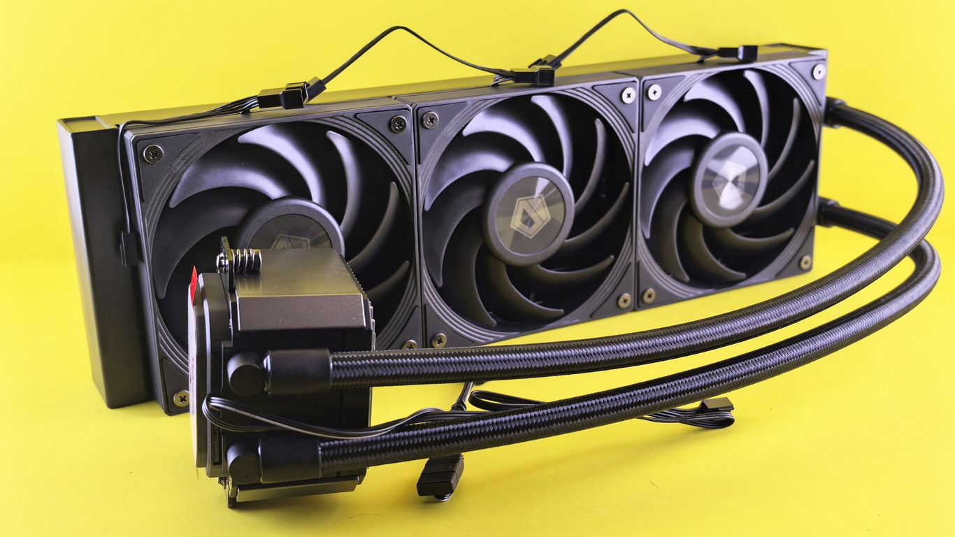 Computer graphics card cooler with three fans.