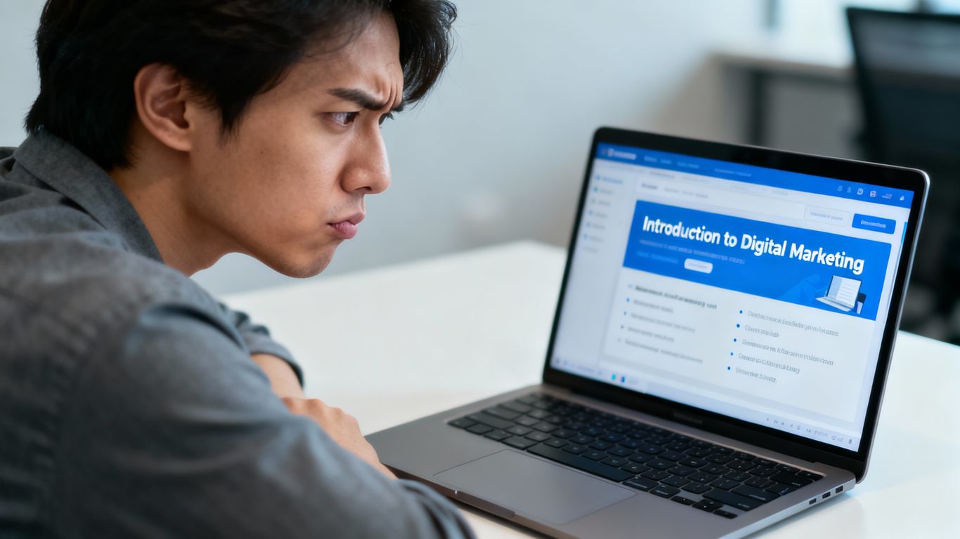 Person looking skeptically at an online course on a laptop.